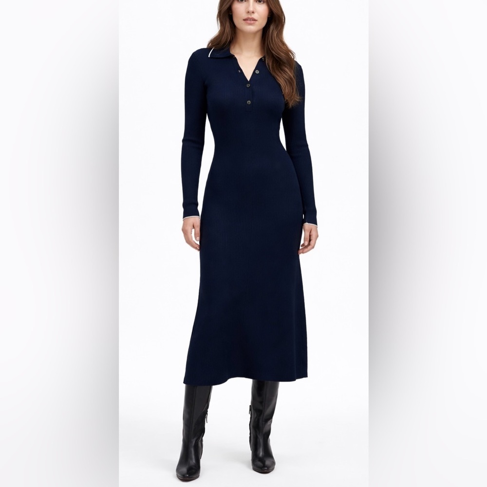 Madewell Ribbed Long Sleeve Midi Dress Navy White Trim NWT XXS
